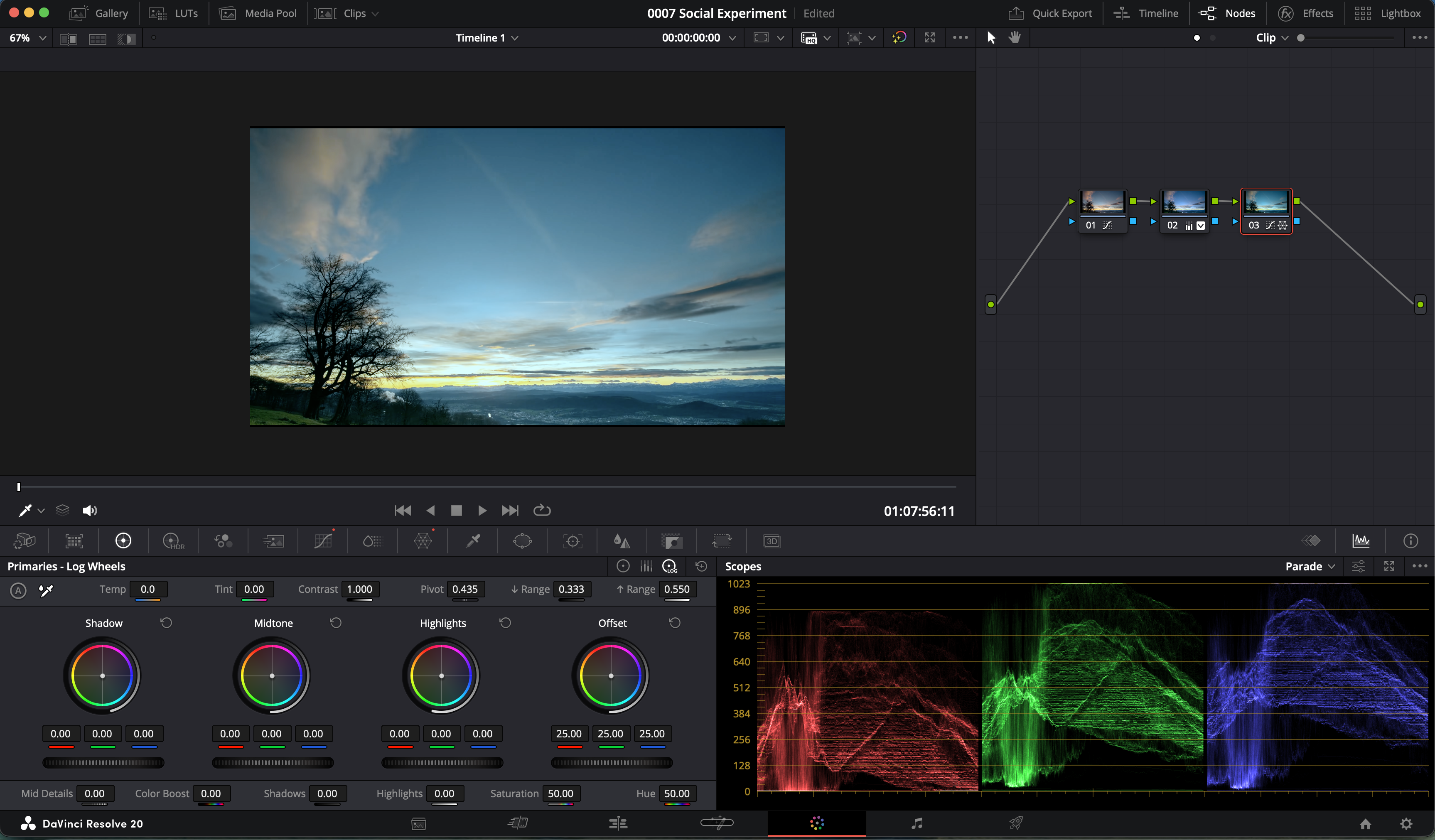 DaVinci Resolve color workspace showing nodes, log wheels, and scopes